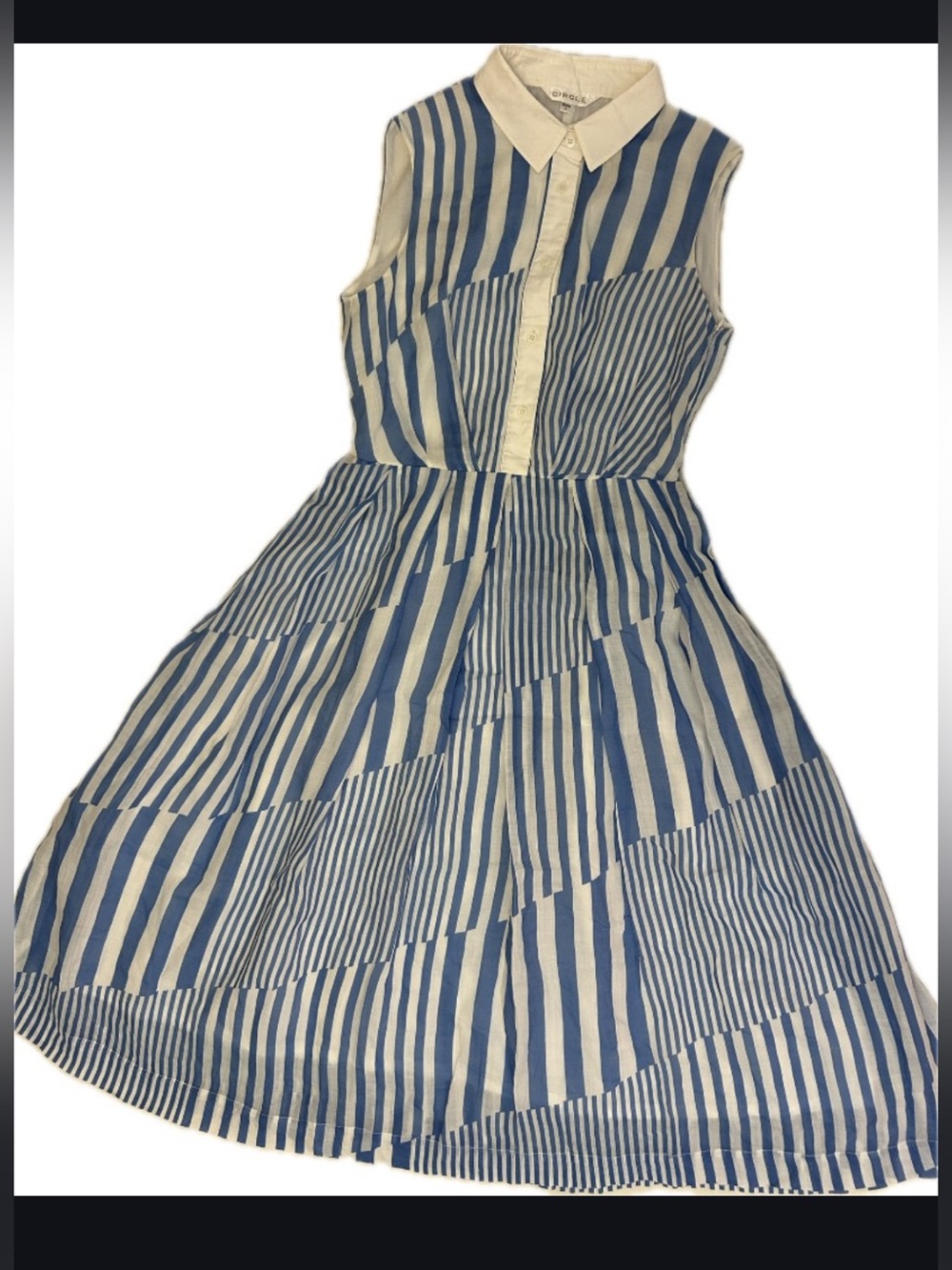 Sleeveless Blue & White Striped Collared Midi Dress, Cotton, Fully Lined, Size S